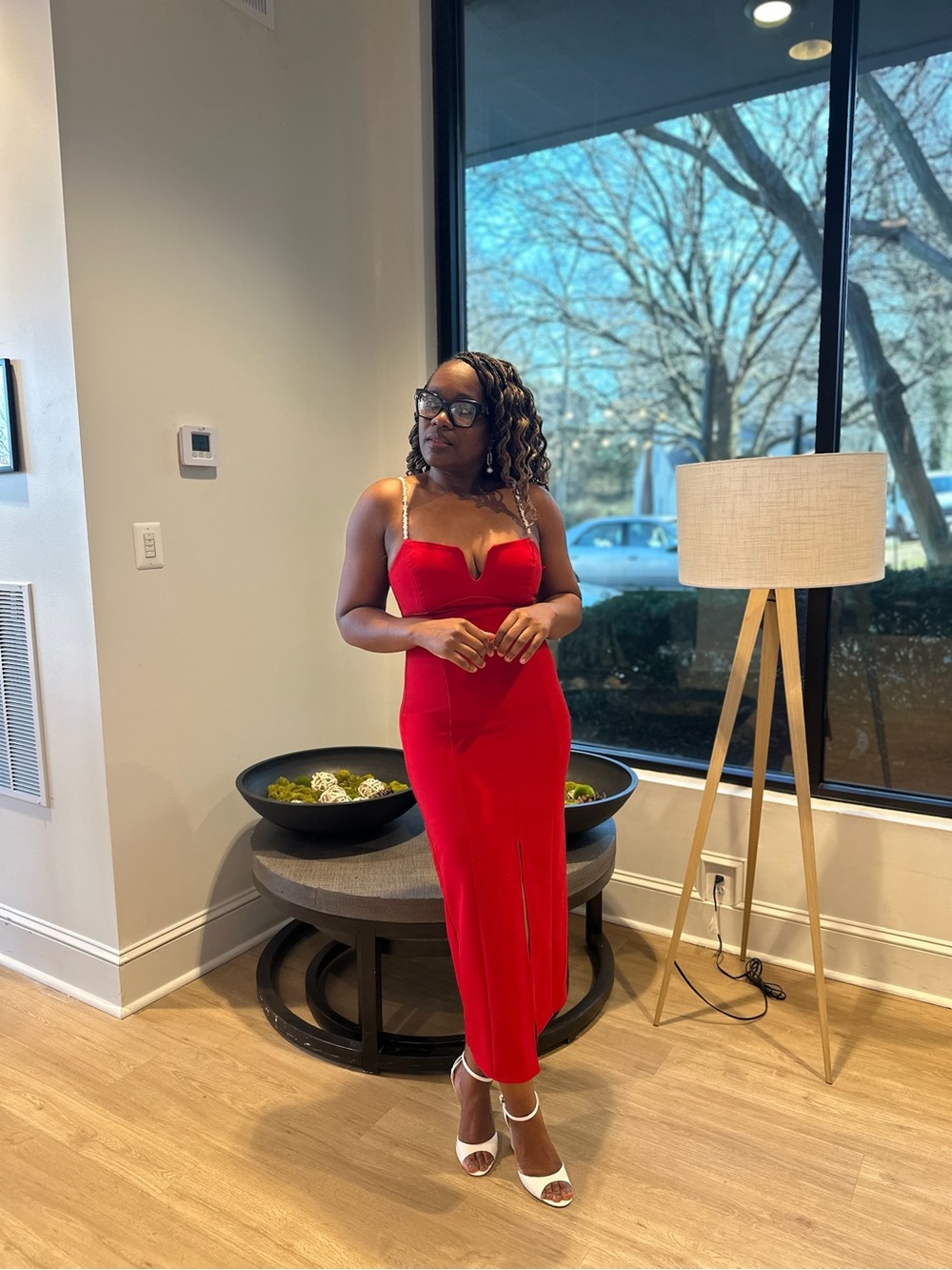 ZARA Red Pearl Strap Midi Dress